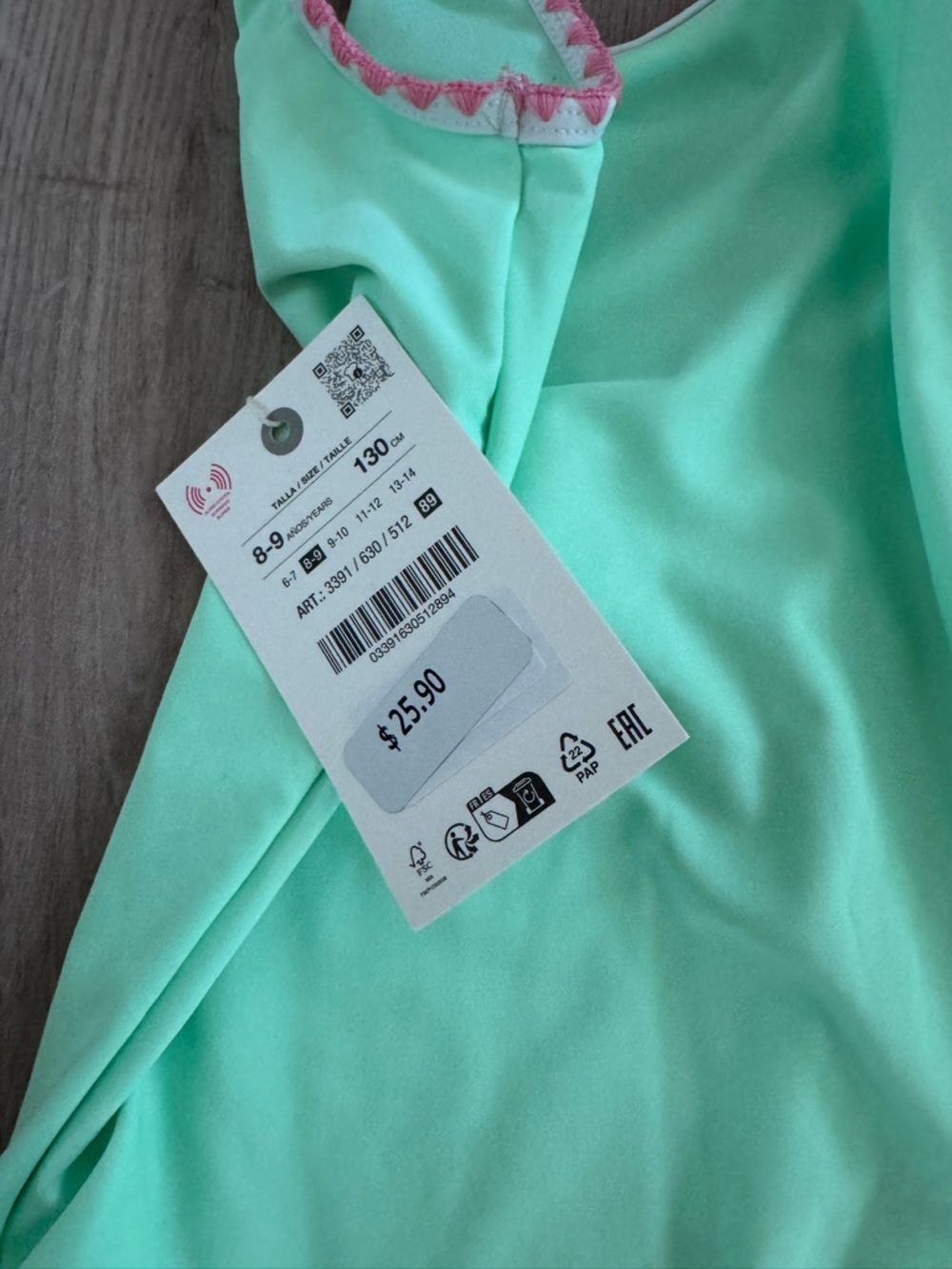 Zara Girls Mint Green One-Piece Swimsuit with Pink & Purple Trim - Picture 2 of 4